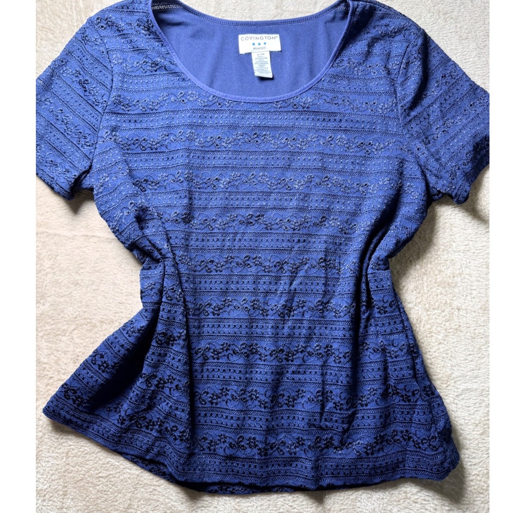 Covington Royal Blue Floral Lace Overlay Short Sleeve Top XL Womens Stretch